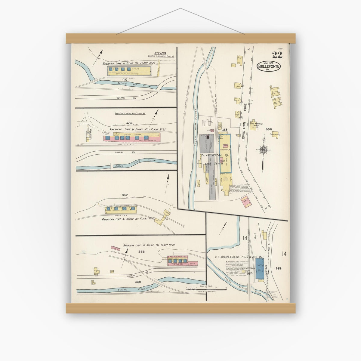 Old map wall art mockup — magnetic wood frame on white wall — Sanborn Fire Insurance Map from Bellefonte, Centre County, Pennsylvania (1922), Sheet #0022