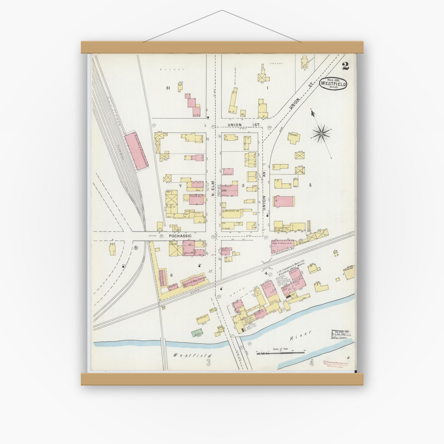 Old map wall art mockup — magnetic wood frame on white wall — Sanborn Fire Insurance Map from Westfield, Hampden County, Massachusetts (1895), Sheet #0002