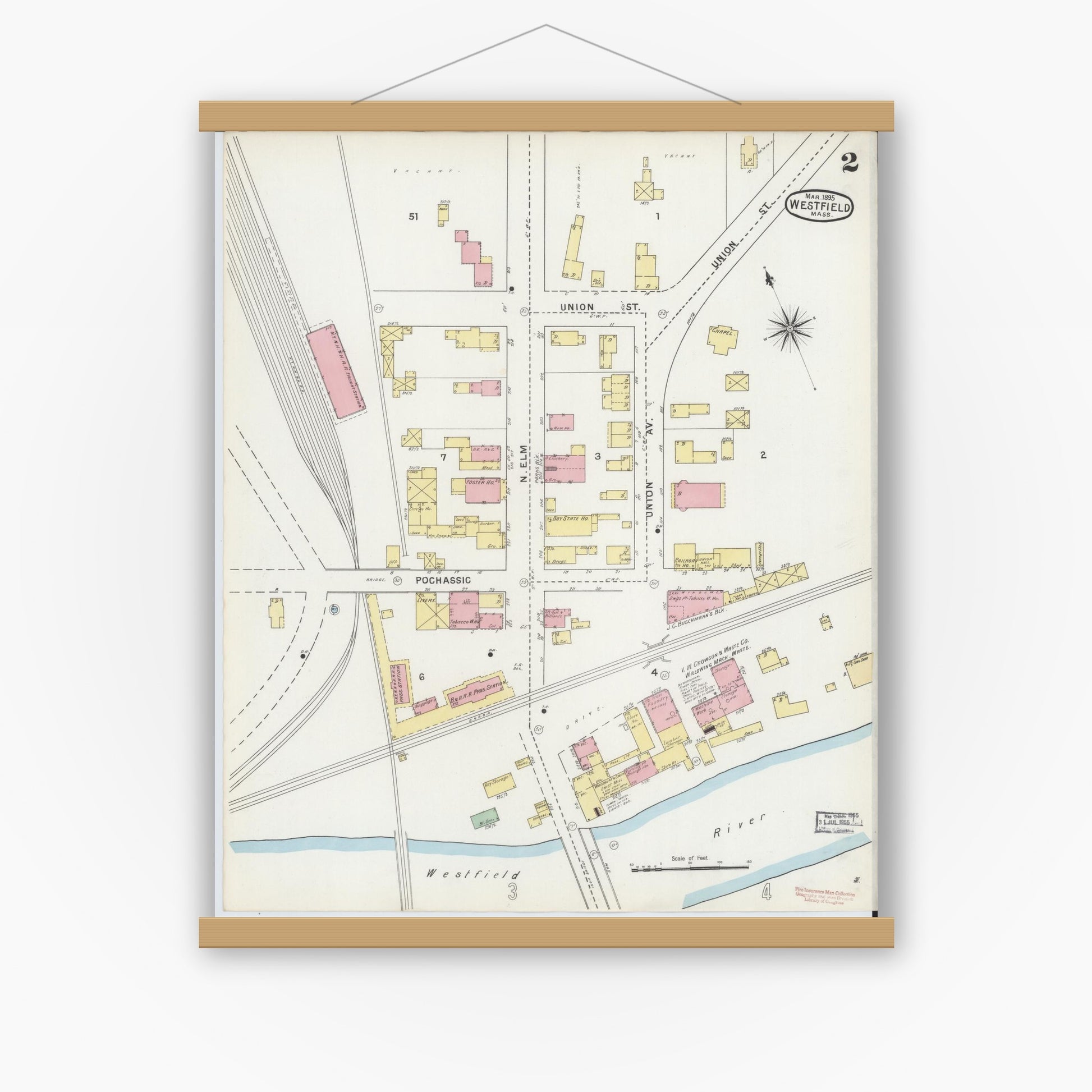 Old map wall art mockup — magnetic wood frame on white wall — Sanborn Fire Insurance Map from Westfield, Hampden County, Massachusetts (1895), Sheet #0002