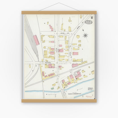 Old map wall art mockup — magnetic wood frame on white wall — Sanborn Fire Insurance Map from Westfield, Hampden County, Massachusetts (1895), Sheet #0002