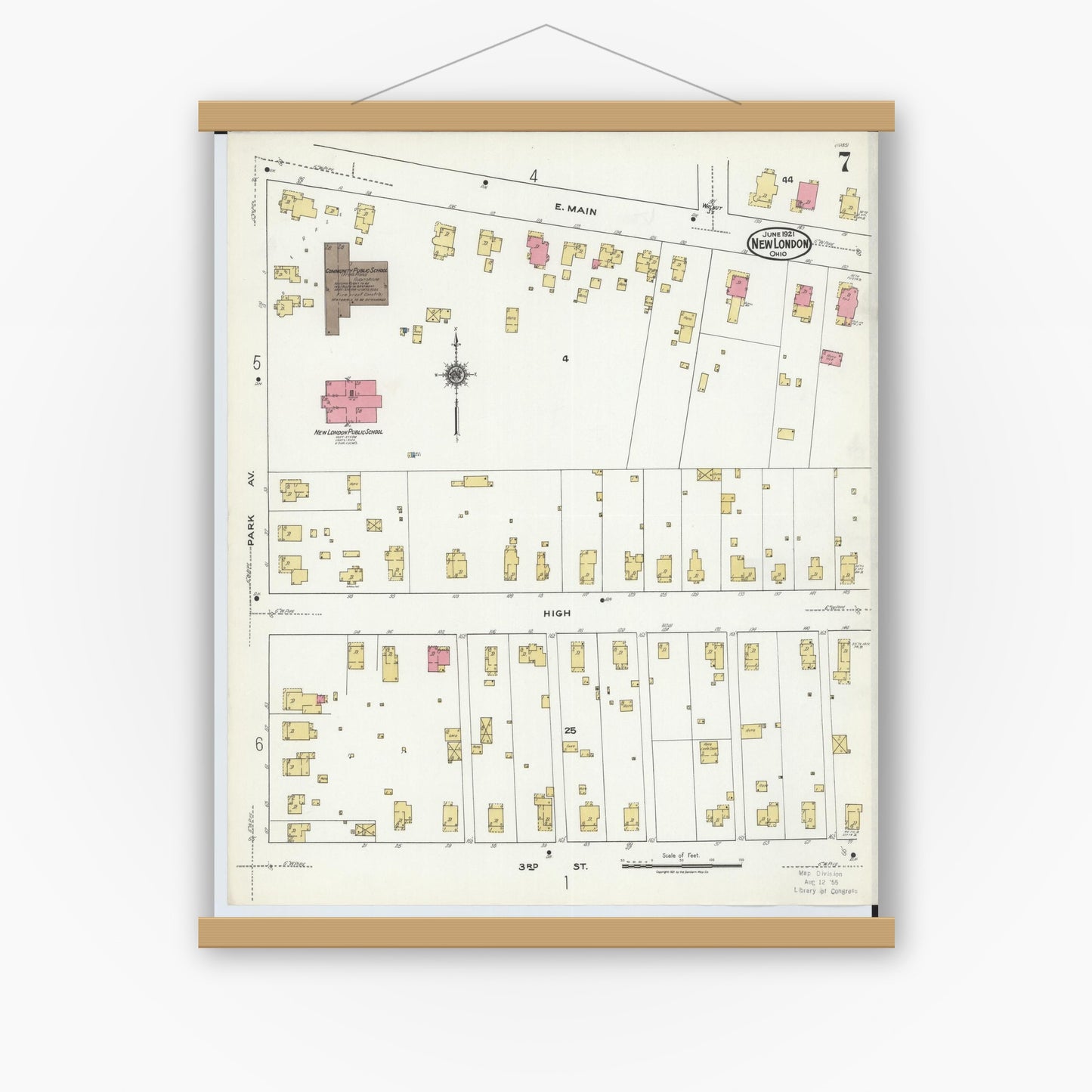 Old map wall art mockup — magnetic wood frame on white wall — Sanborn Fire Insurance Map from New London, Huron County, Ohio (1921), Sheet #0007