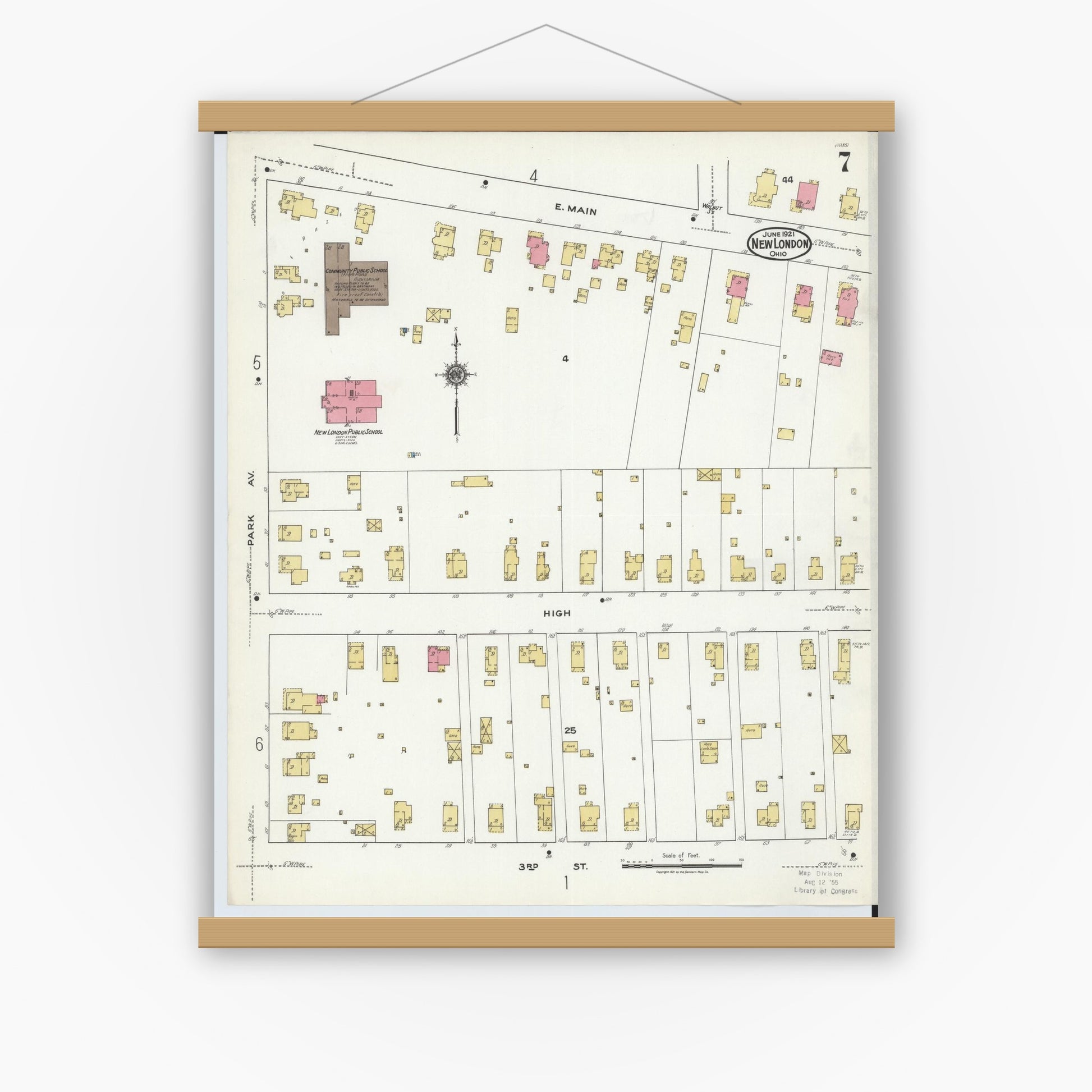 Old map wall art mockup — magnetic wood frame on white wall — Sanborn Fire Insurance Map from New London, Huron County, Ohio (1921), Sheet #0007