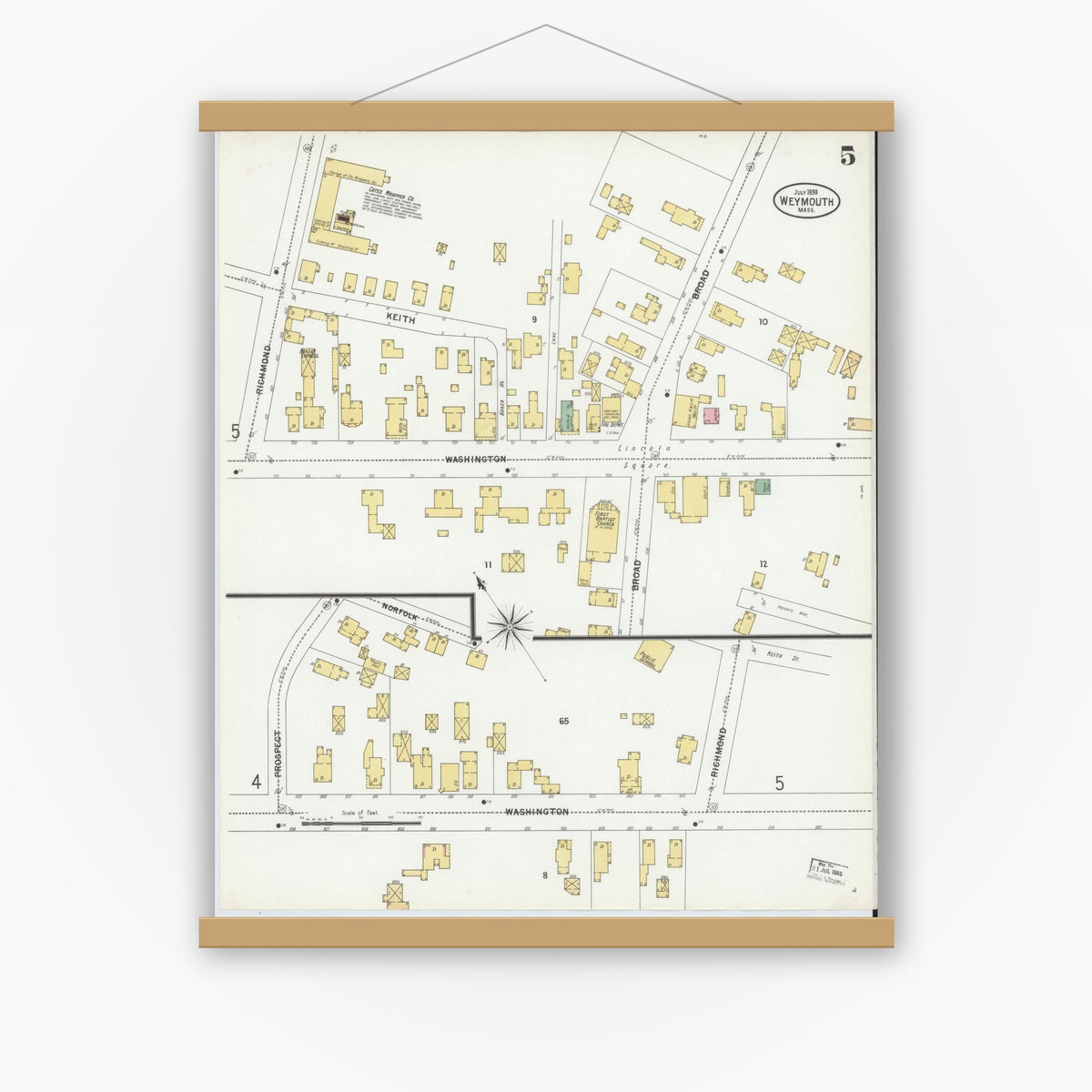 Old map wall art mockup — magnetic wood frame on white wall — Sanborn Fire Insurance Map from Weymouth, Norfolk County, Massachusetts (1899), Sheet #0005