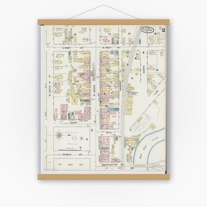 Old map wall art mockup — magnetic wood frame on white wall — Sanborn Fire Insurance Map from Elyria, Lorain County, Ohio (1888), Sheet #0002