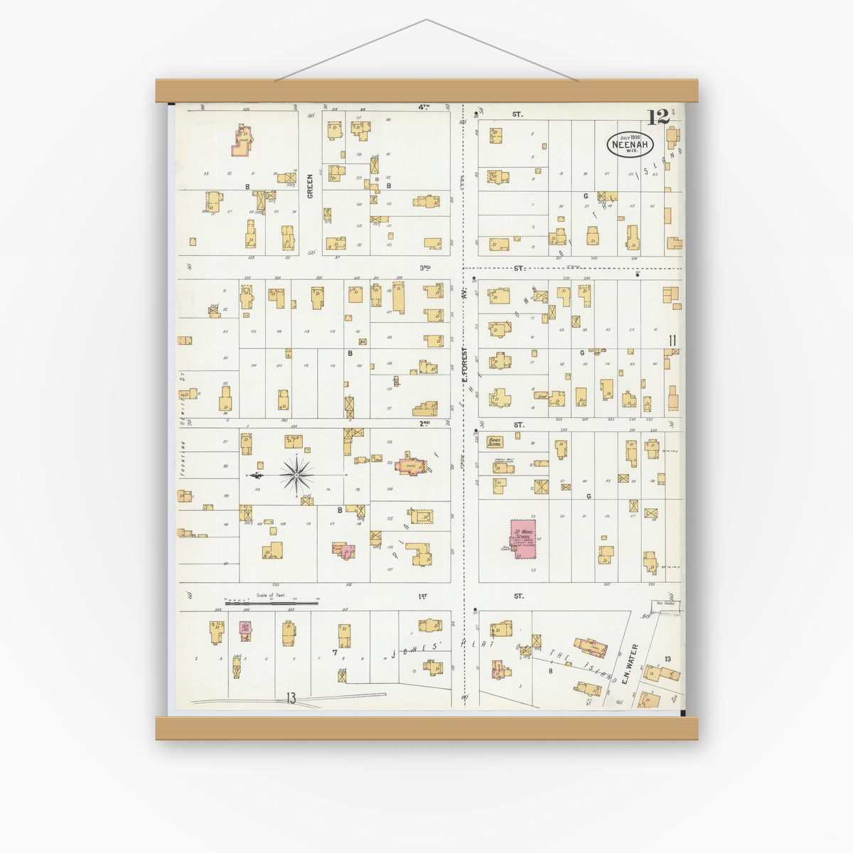Old map wall art mockup — magnetic wood frame on white wall — Sanborn Fire Insurance Map from Neenah, Winnebago County, Wisconsin (1900), Sheet #0012
