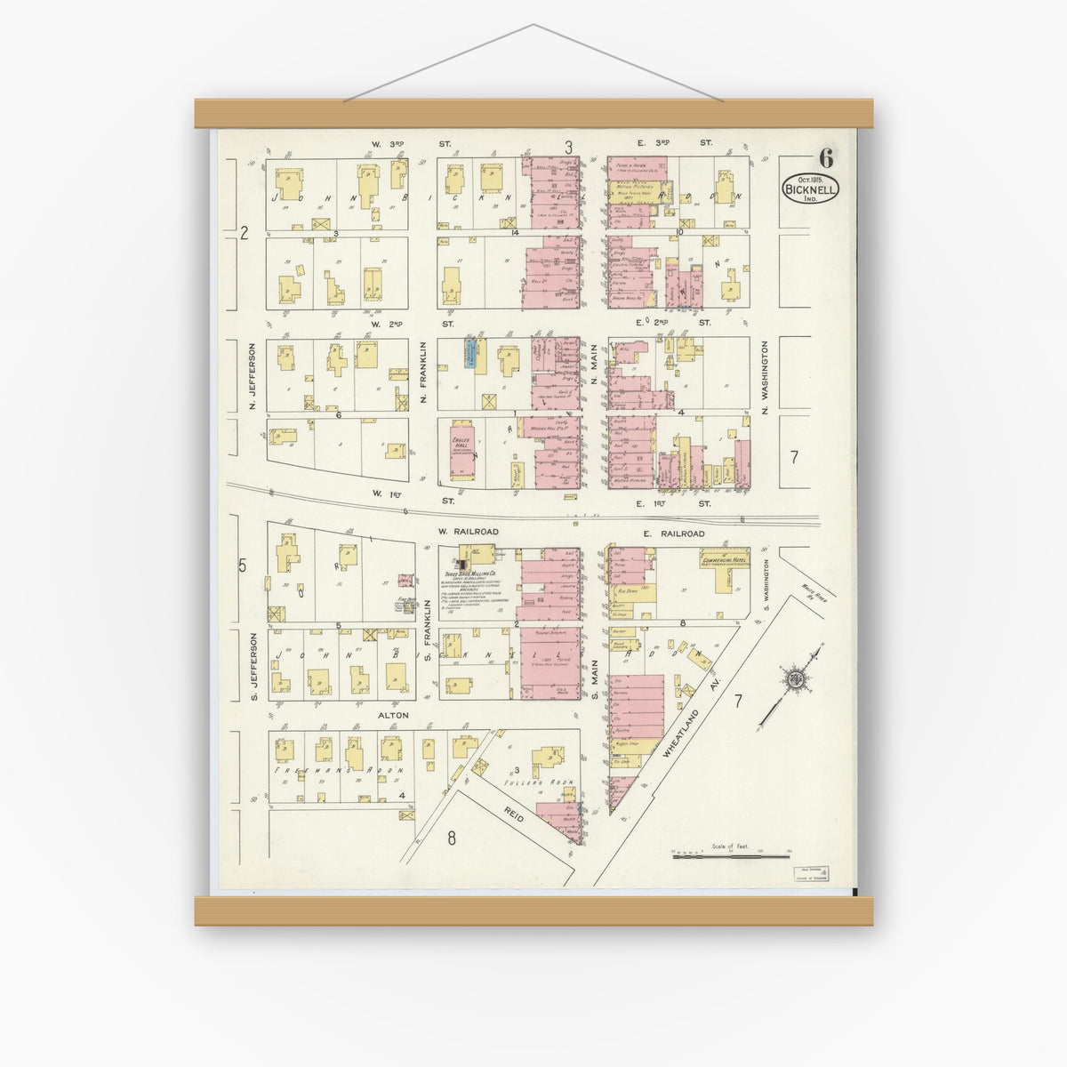 Old map wall art mockup — magnetic wood frame on white wall — Sanborn Fire Insurance Map from Bicknell, Knox County, Indiana (1915), Sheet #0006