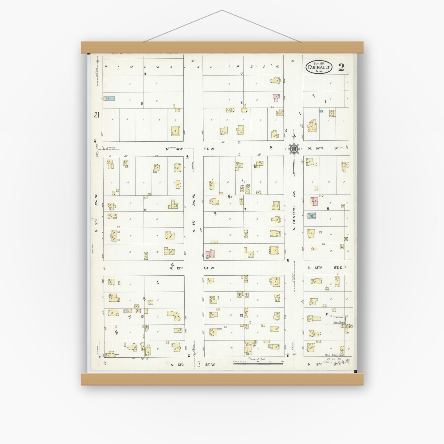 Old map wall art mockup — magnetic wood frame on white wall — Sanborn Fire Insurance Map from Faribault, Rice County, Minnesota (1914), Sheet #0002