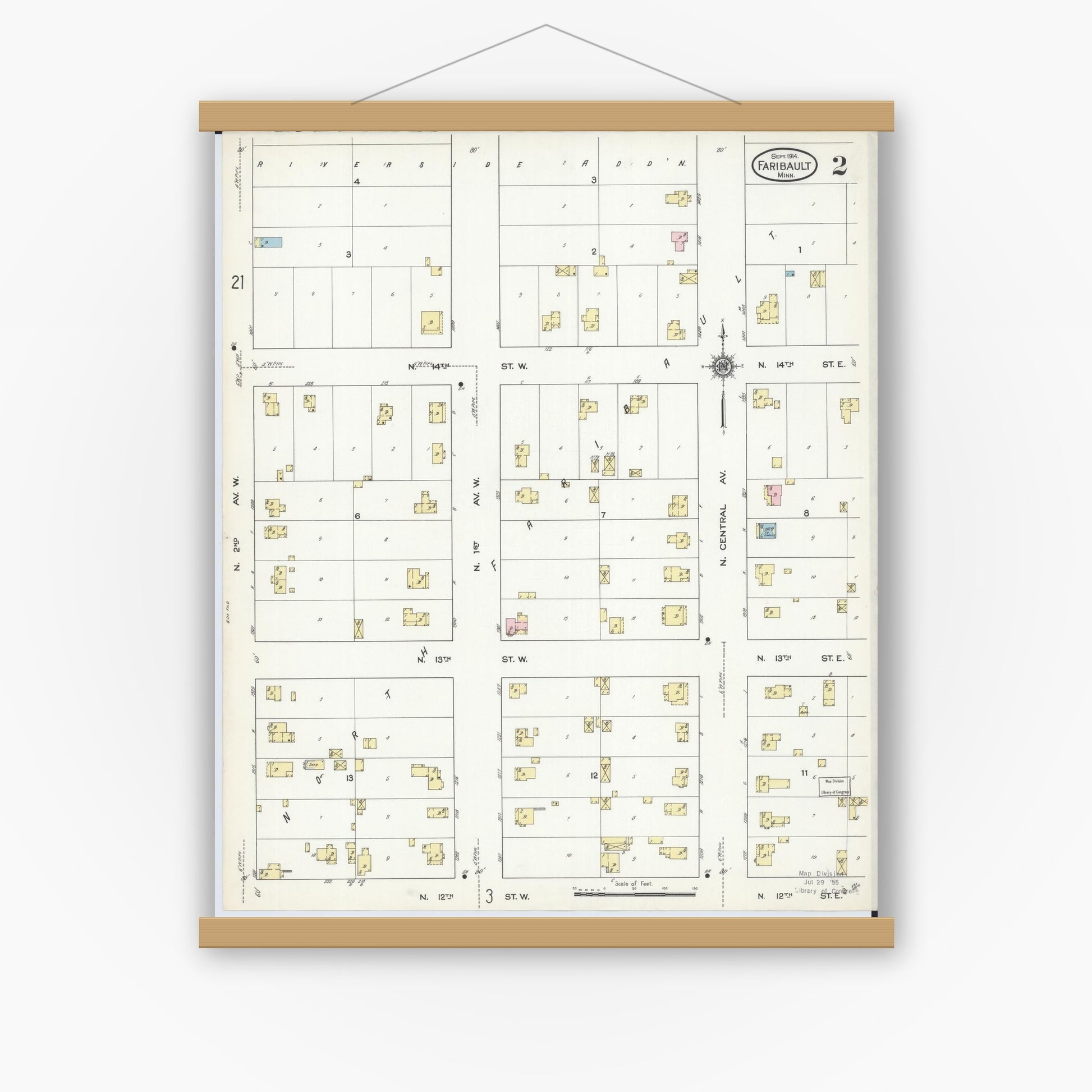 Old map wall art mockup — magnetic wood frame on white wall — Sanborn Fire Insurance Map from Faribault, Rice County, Minnesota (1914), Sheet #0002