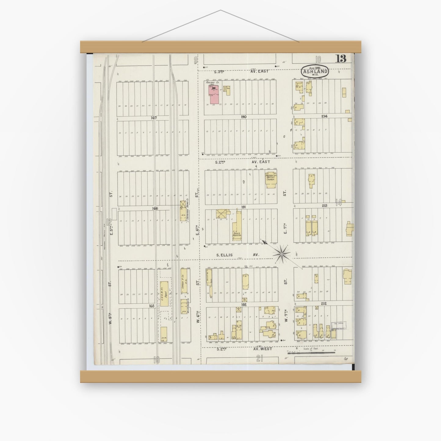 Old map wall art mockup — magnetic wood frame on white wall — Sanborn Fire Insurance Map from Ashland, Ashland County, Wisconsin (1895), Sheet #0013