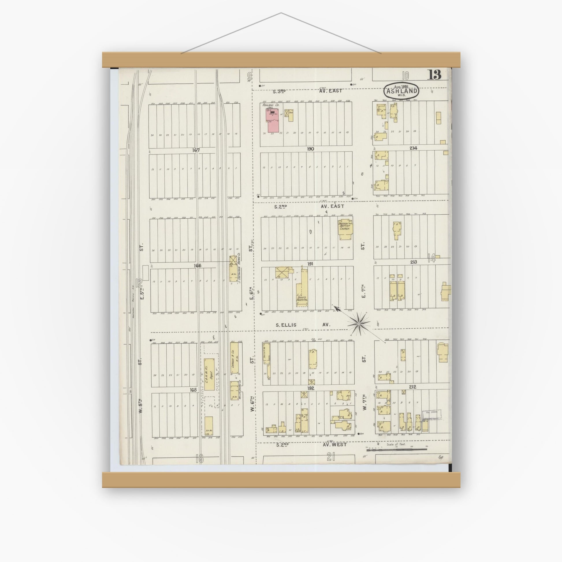 Old map wall art mockup — magnetic wood frame on white wall — Sanborn Fire Insurance Map from Ashland, Ashland County, Wisconsin (1895), Sheet #0013