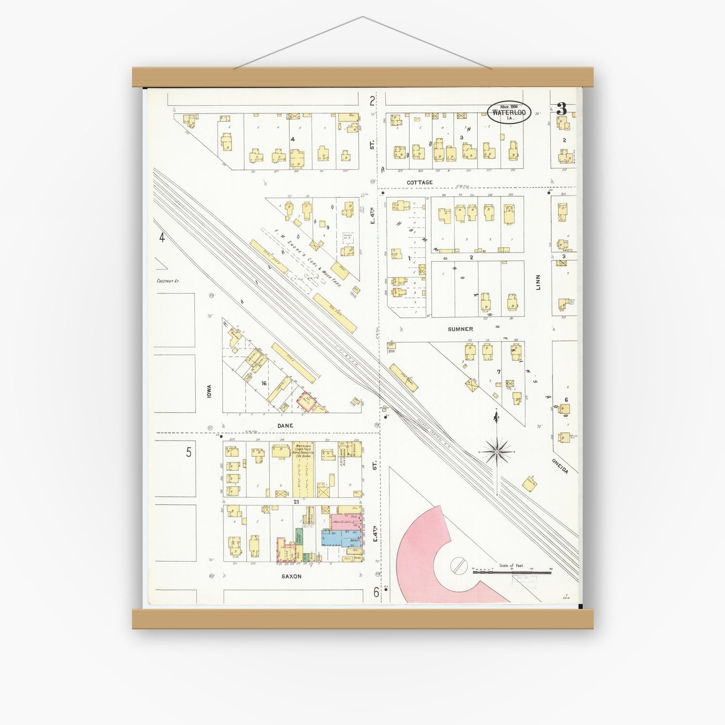 Old map wall art mockup — magnetic wood frame on white wall — Sanborn Fire Insurance Map from Waterloo, Black Hawk County, Iowa (1906), Sheet #0003