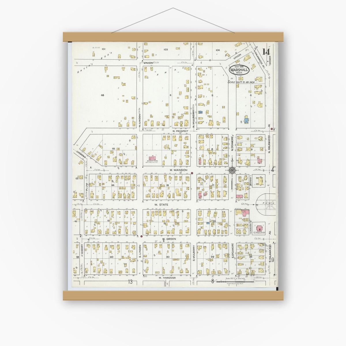 Old map wall art mockup — magnetic wood frame on white wall — Sanborn Fire Insurance Map from Marshall, Calhoun County, Michigan (1916), Sheet #0014