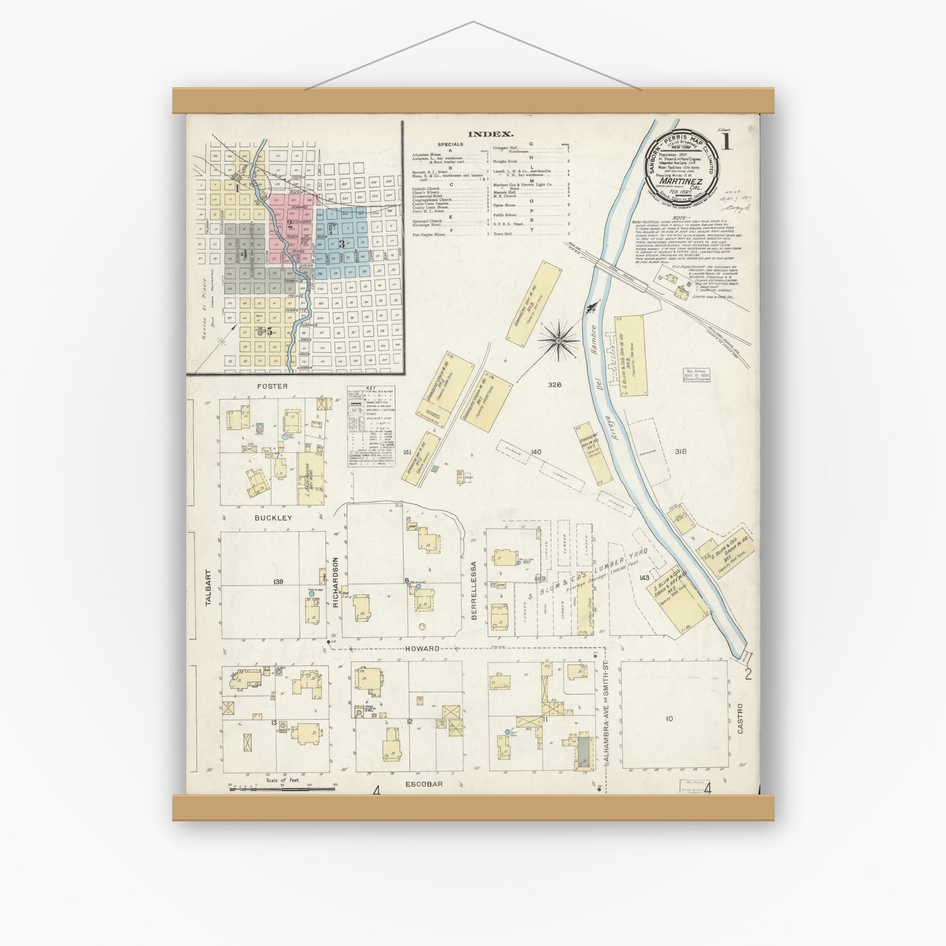 Old map wall art mockup — magnetic wood frame on white wall — Sanborn Fire Insurance Map from Martinez, Contra Costa County, California (1897) - Complete Map Set