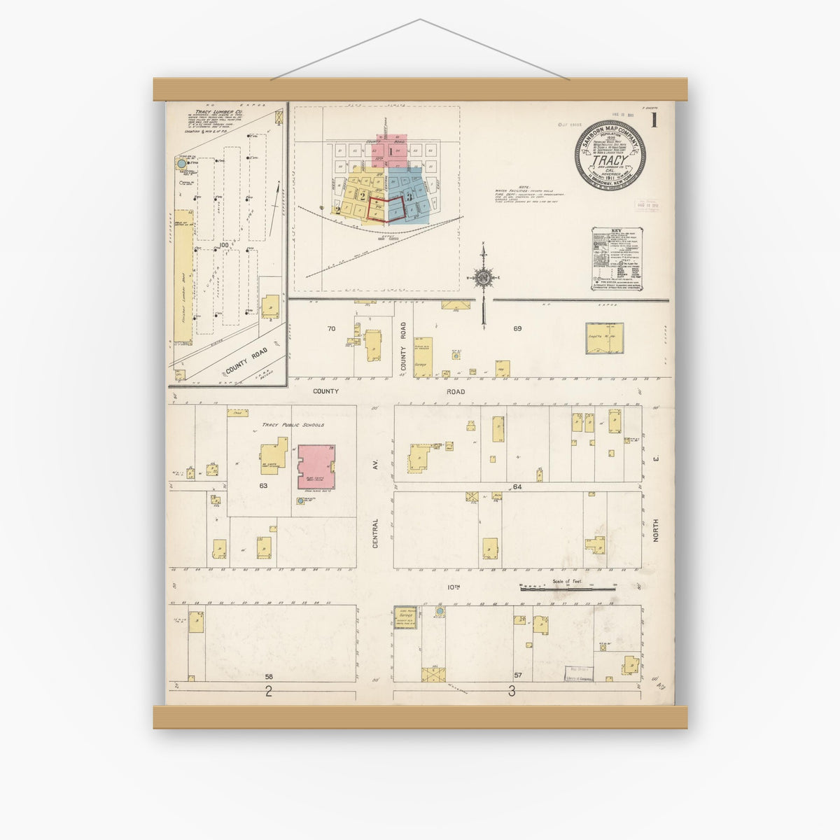 Old map wall art mockup — magnetic wood frame on white wall — Sanborn Fire Insurance Map from Tracy, San Joaquin County, California (1911) - Complete Map Set