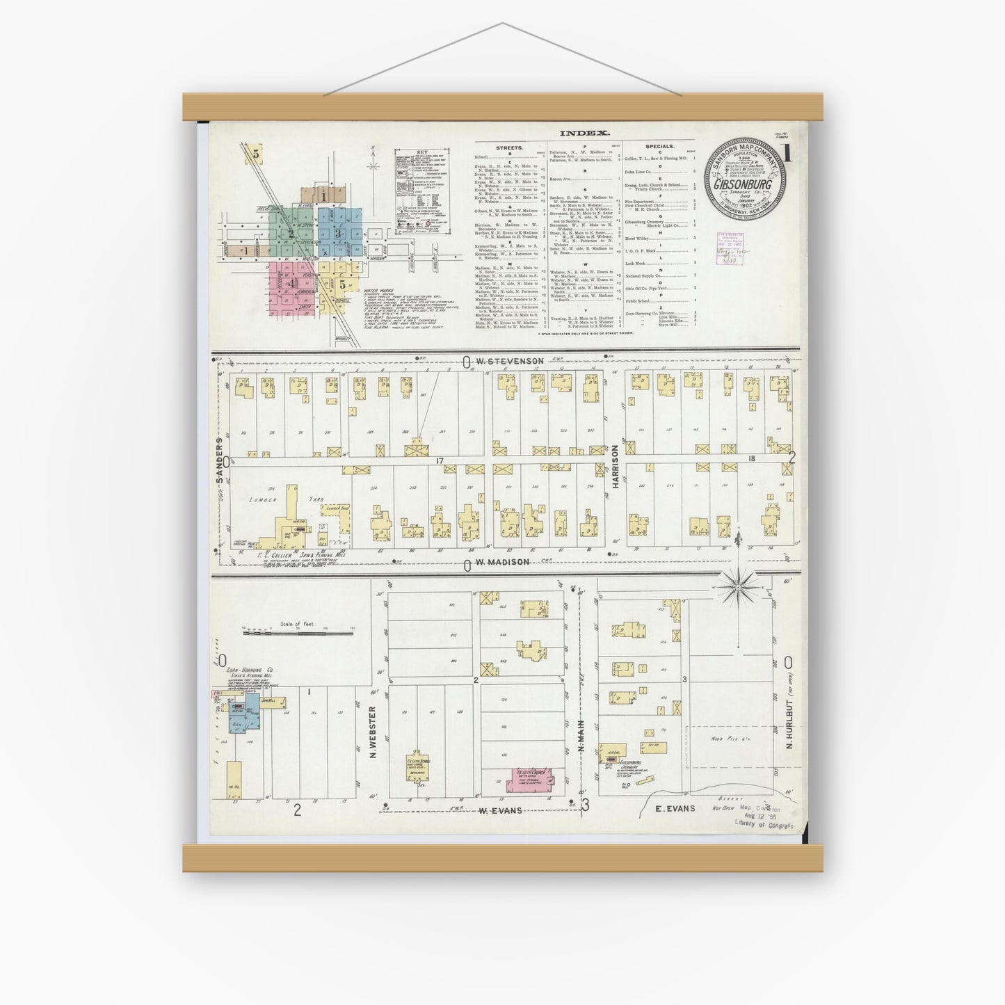 Old map wall art mockup — magnetic wood frame on white wall — Sanborn Fire Insurance Map from Gibsonburg, Sandusky County, Ohio (1902), Sheet #0001