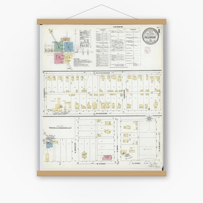 Old map wall art mockup — magnetic wood frame on white wall — Sanborn Fire Insurance Map from Gibsonburg, Sandusky County, Ohio (1902), Sheet #0001