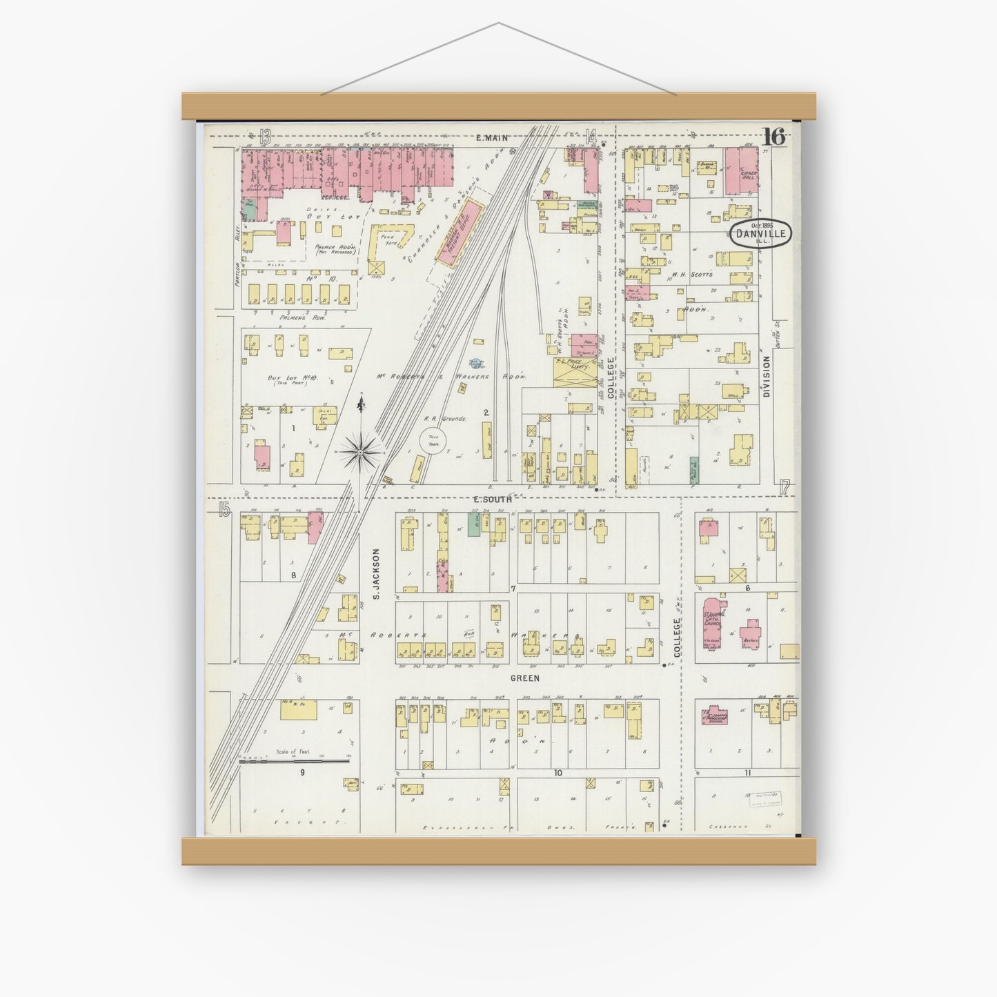 Old map wall art mockup — magnetic wood frame on white wall — Sanborn Fire Insurance Map from Danville, Vermilion County, Illinois (1895), Sheet #0016