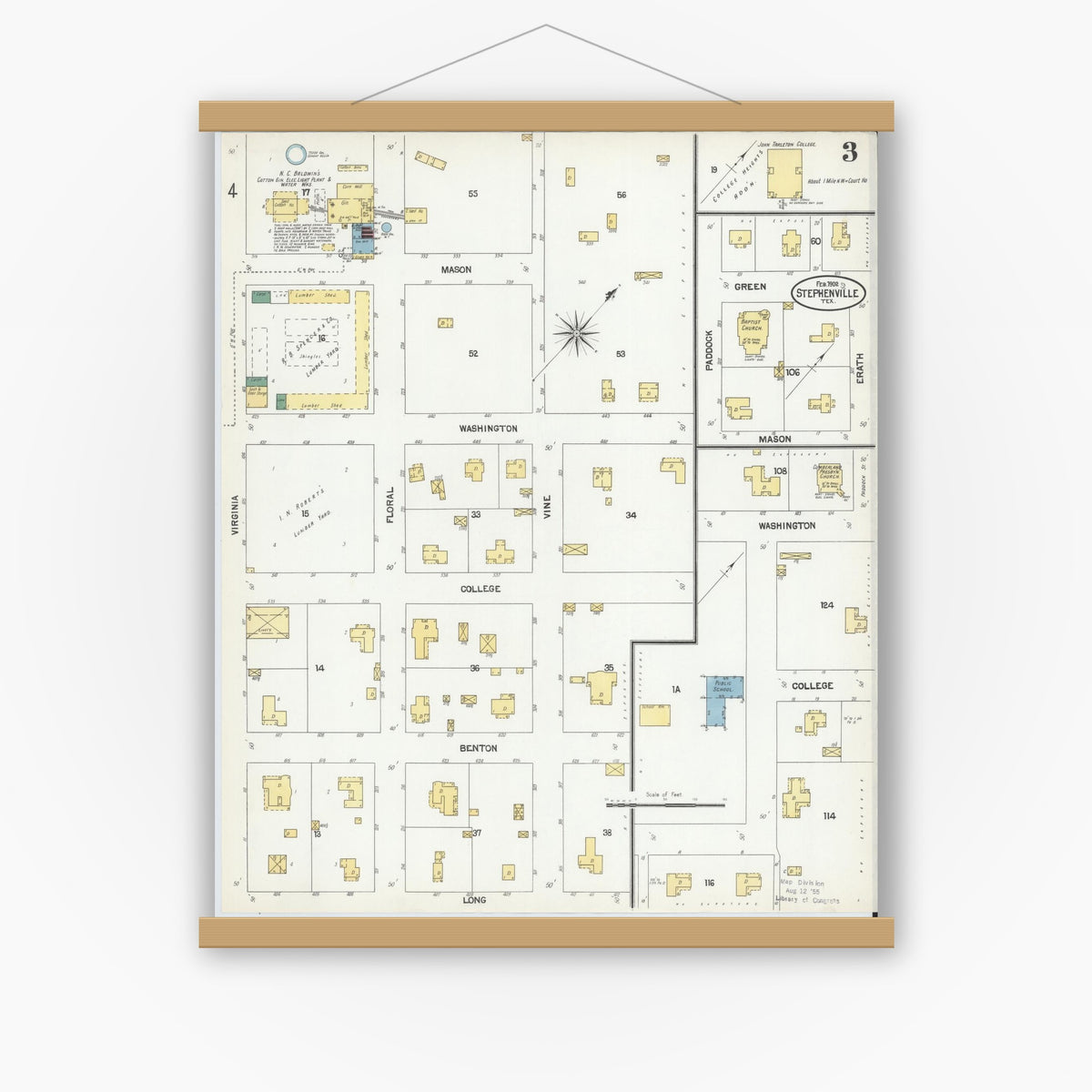 Old map wall art mockup — magnetic wood frame on white wall — Sanborn Fire Insurance Map from Stephenville, Erath County, Texas (1902), Sheet #0003