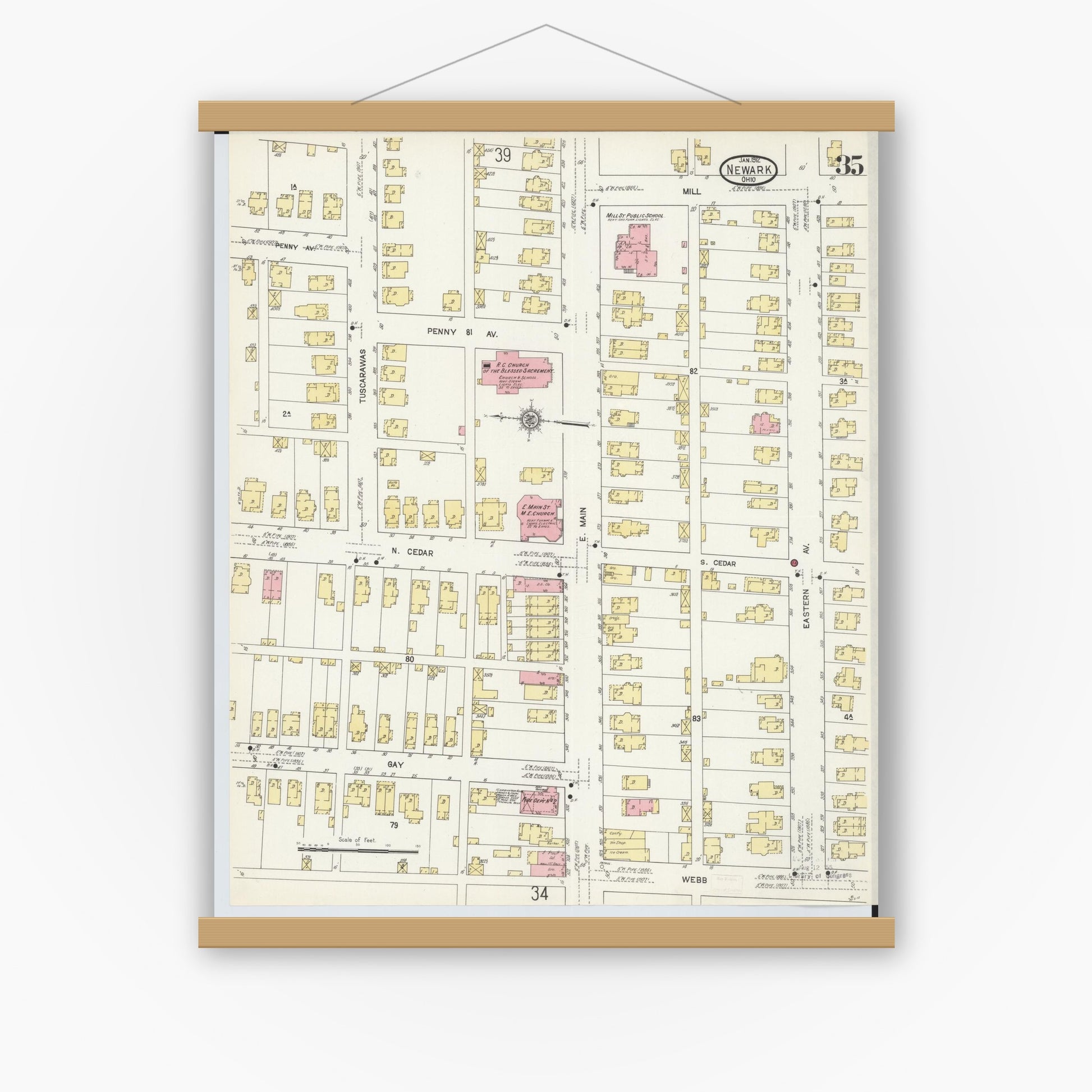 Old map wall art mockup — magnetic wood frame on white wall — Sanborn Fire Insurance Map from Newark, Licking County, Ohio (1912), Sheet #0035