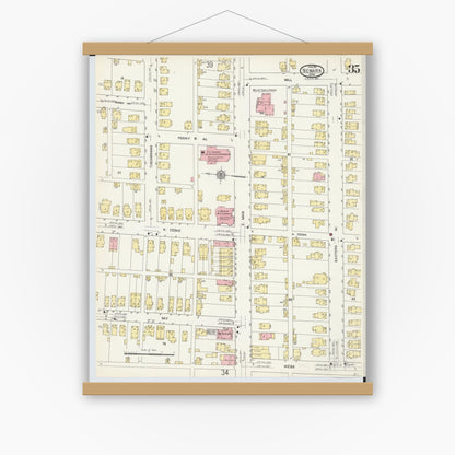 Old map wall art mockup — magnetic wood frame on white wall — Sanborn Fire Insurance Map from Newark, Licking County, Ohio (1912), Sheet #0035