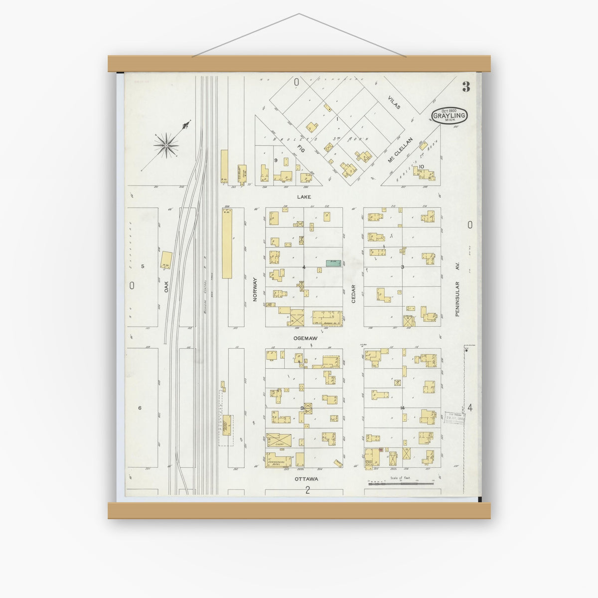 Old map wall art mockup — magnetic wood frame on white wall — Sanborn Fire Insurance Map from Grayling, Crawford County, Michigan (1900), Sheet #0003