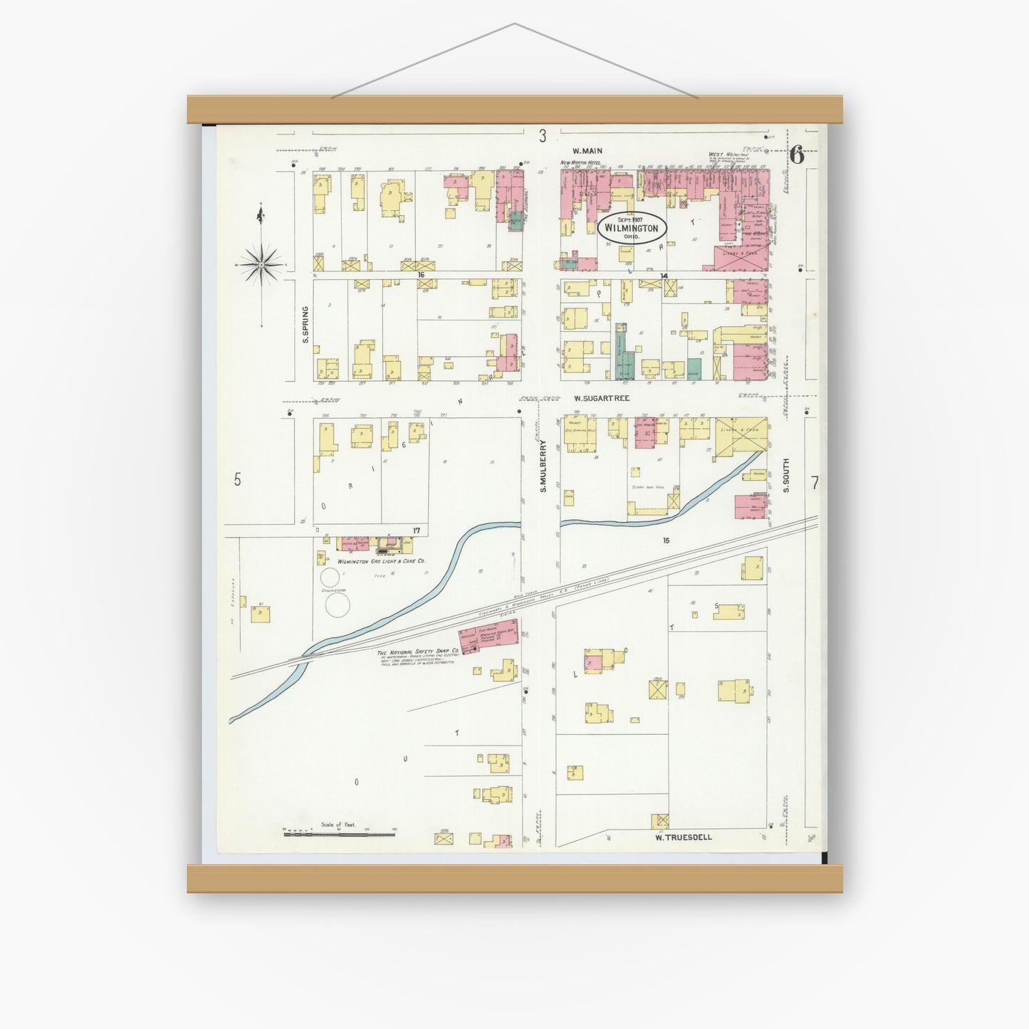 Old map wall art mockup — magnetic wood frame on white wall — Sanborn Fire Insurance Map from Wilmington, Clinton County, Ohio (1907), Sheet #0006
