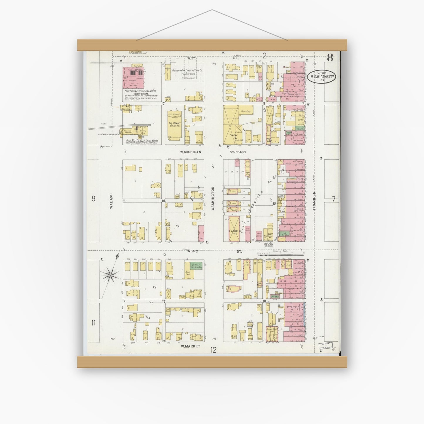 Old map wall art mockup — magnetic wood frame on white wall — Sanborn Fire Insurance Map from Michigan City, La Porte County, Indiana (1899), Sheet #0008