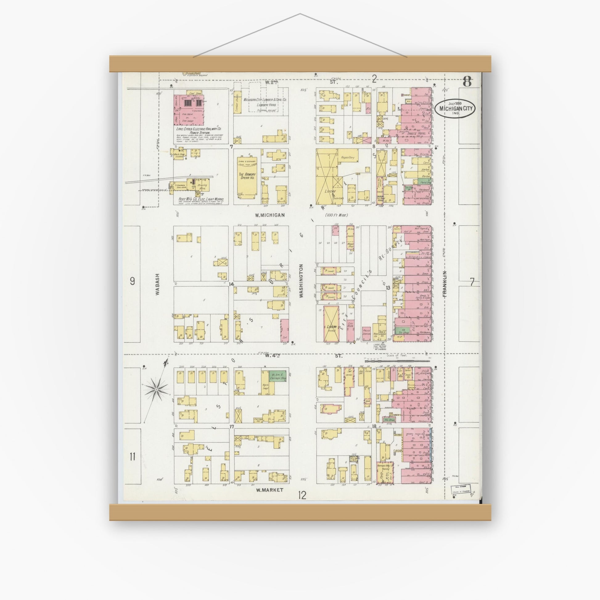 Old map wall art mockup — magnetic wood frame on white wall — Sanborn Fire Insurance Map from Michigan City, La Porte County, Indiana (1899), Sheet #0008