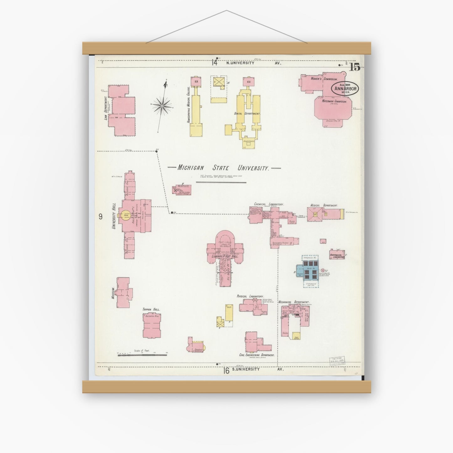 Old map wall art mockup — magnetic wood frame on white wall — Sanborn Fire Insurance Map from Ann Arbor, Washtenaw County, Michigan (1899), Sheet #0015