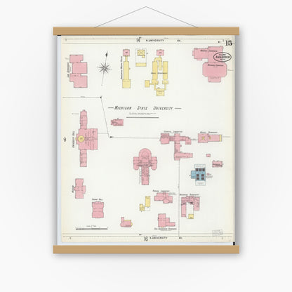 Old map wall art mockup — magnetic wood frame on white wall — Sanborn Fire Insurance Map from Ann Arbor, Washtenaw County, Michigan (1899), Sheet #0015