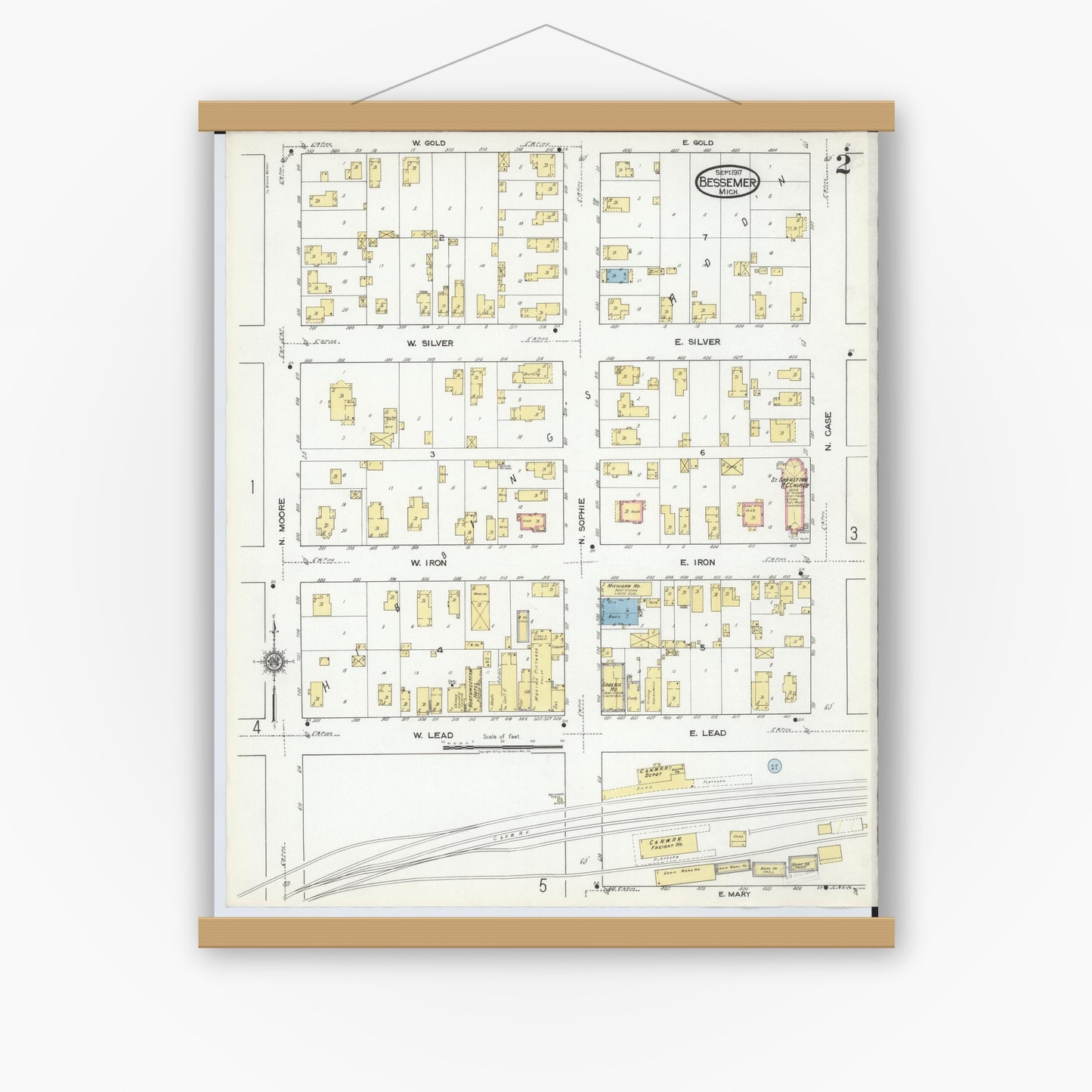 Old map wall art mockup — magnetic wood frame on white wall — Sanborn Fire Insurance Map from Bessemer, Gogebic County, Michigan (1917), Sheet #0002