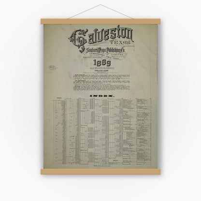 Old map wall art mockup — magnetic wood frame on white wall — Sanborn Fire Insurance Map from Galveston, Galveston County, Texas (1889), Sheet #0001