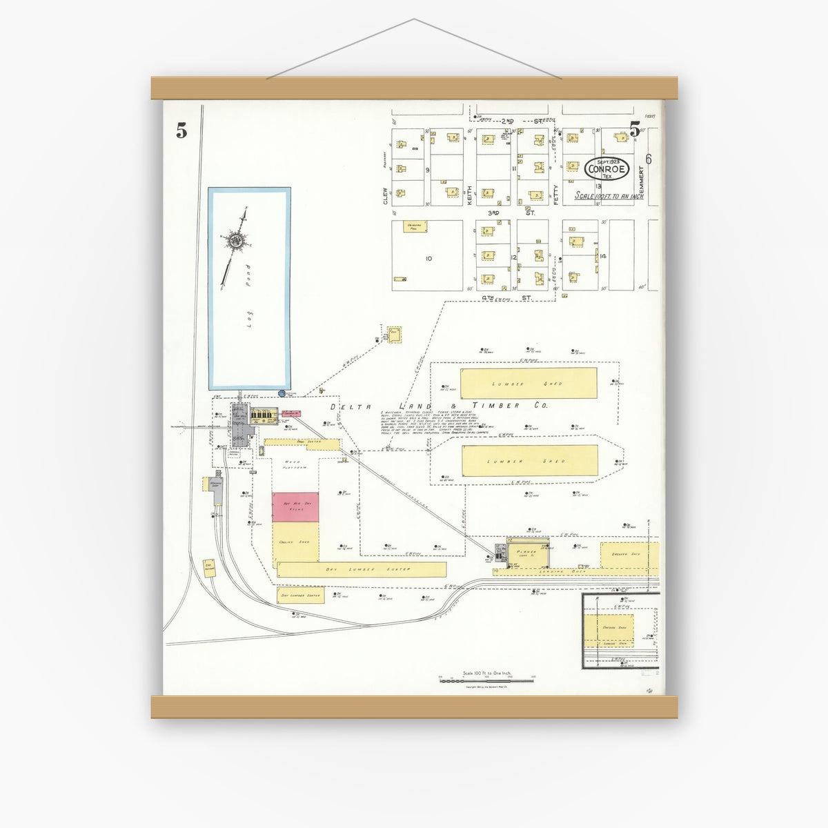 Old map wall art mockup — magnetic wood frame on white wall — Sanborn Fire Insurance Map from Conroe, Montgomery County, Texas (1923), Sheet #0005