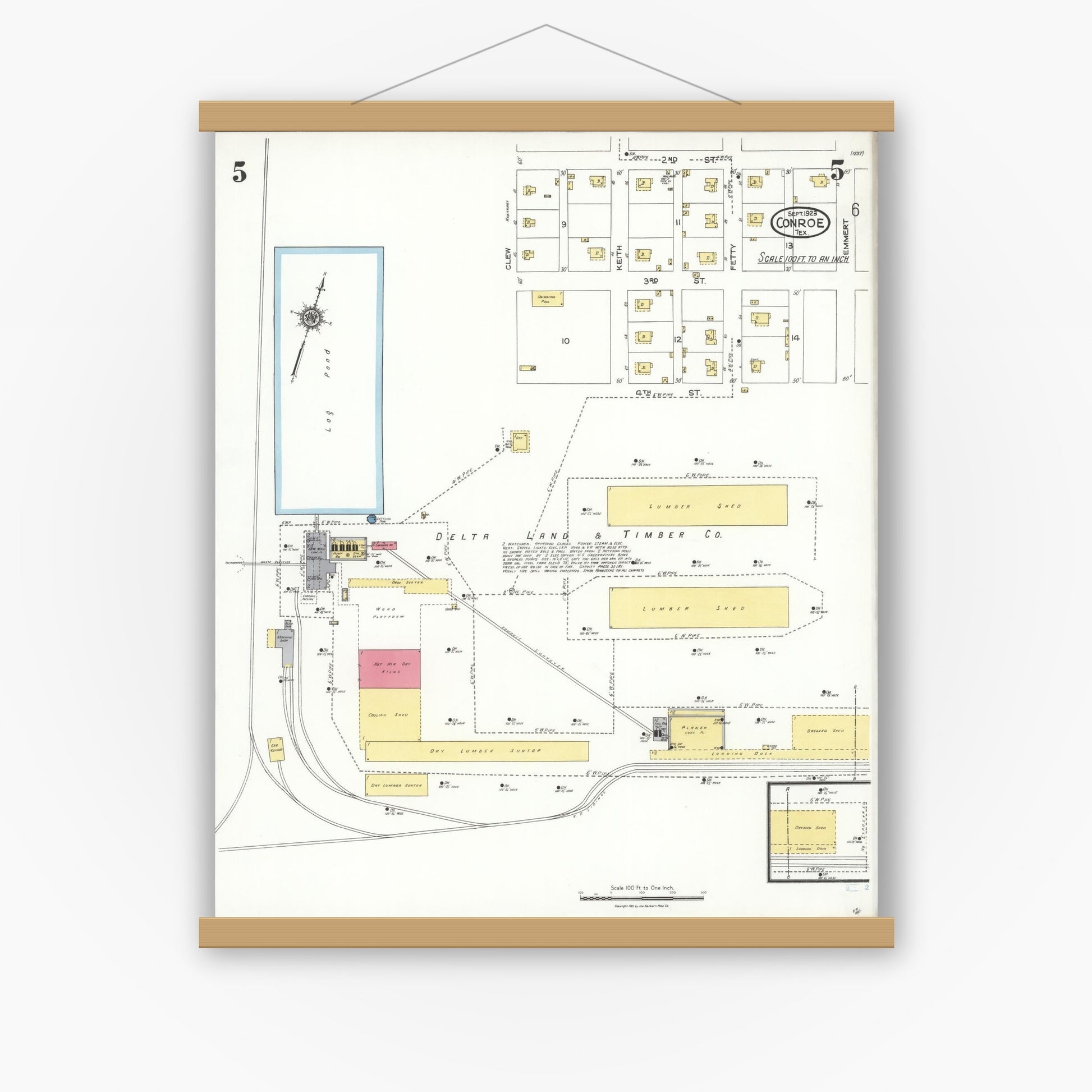 Old map wall art mockup — magnetic wood frame on white wall — Sanborn Fire Insurance Map from Conroe, Montgomery County, Texas (1923), Sheet #0005