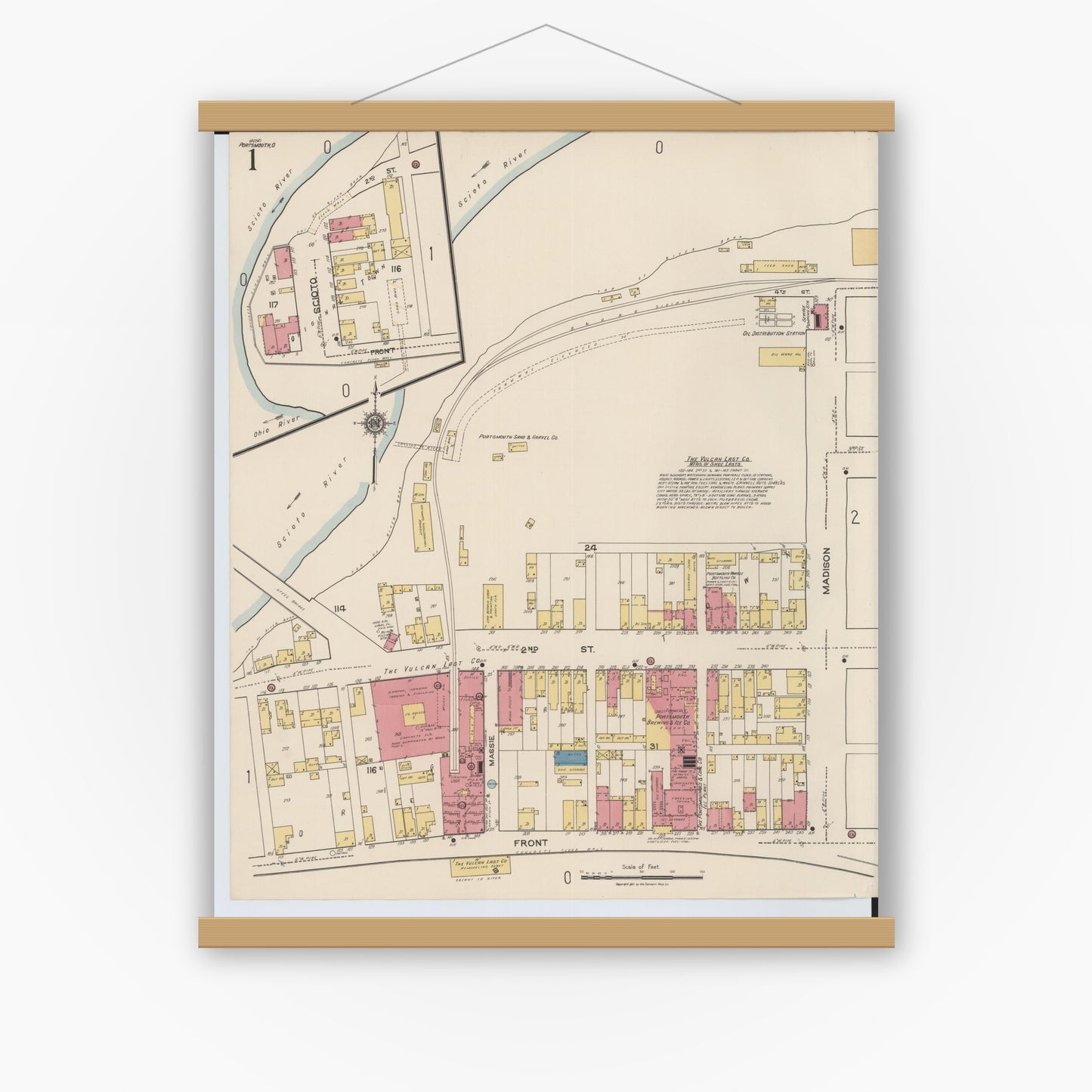 Old map wall art mockup — magnetic wood frame on white wall — Sanborn Fire Insurance Map from Portsmouth, Scioto County, Ohio (1921) - Complete Map Set