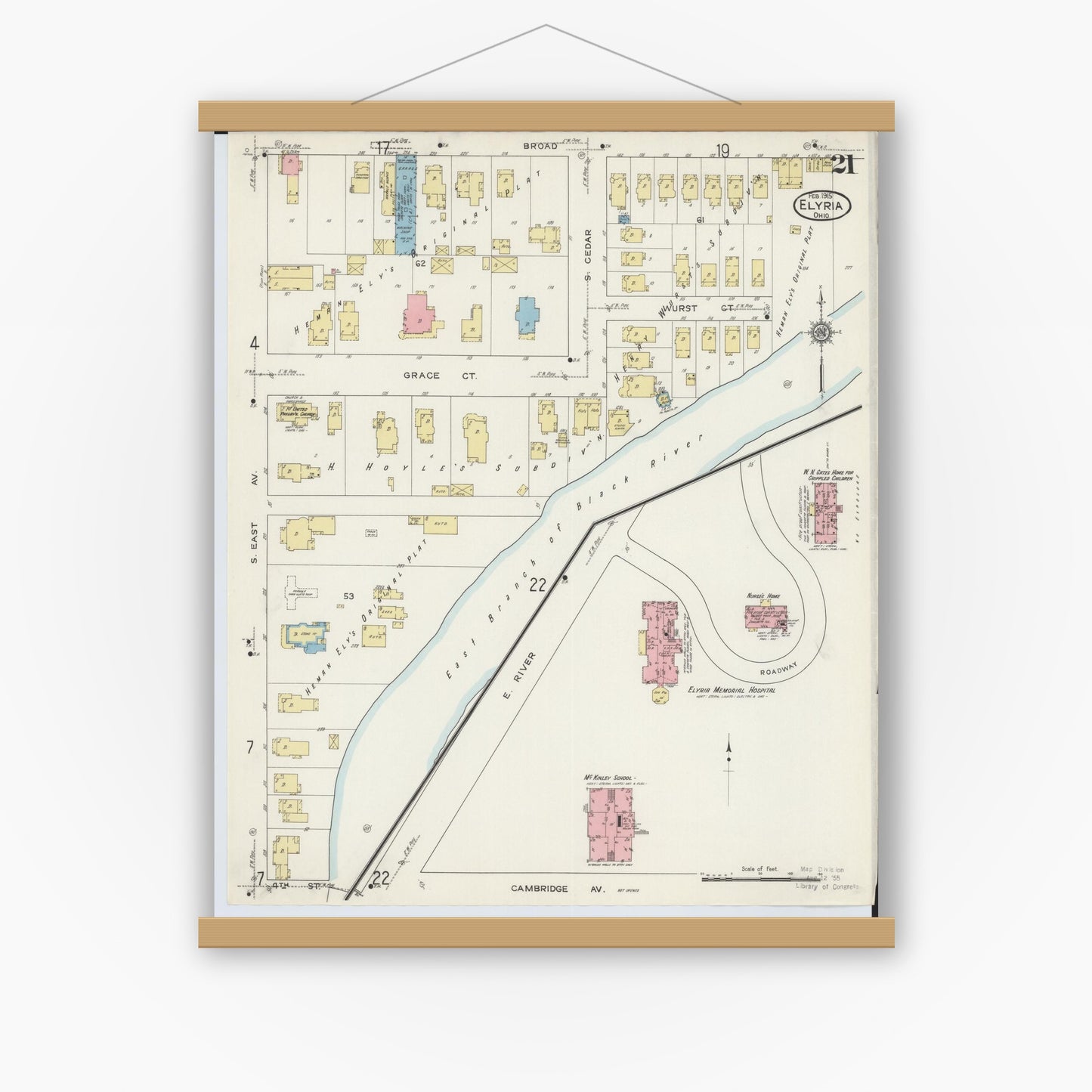 Old map wall art mockup — magnetic wood frame on white wall — Sanborn Fire Insurance Map from Elyria, Lorain County, Ohio (1915), Sheet #0021