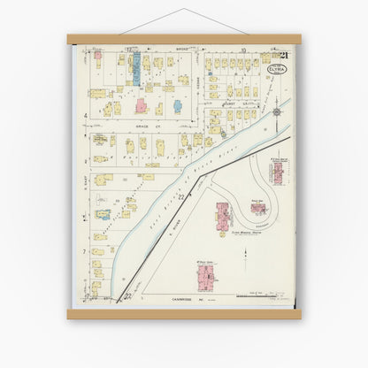 Old map wall art mockup — magnetic wood frame on white wall — Sanborn Fire Insurance Map from Elyria, Lorain County, Ohio (1915), Sheet #0021
