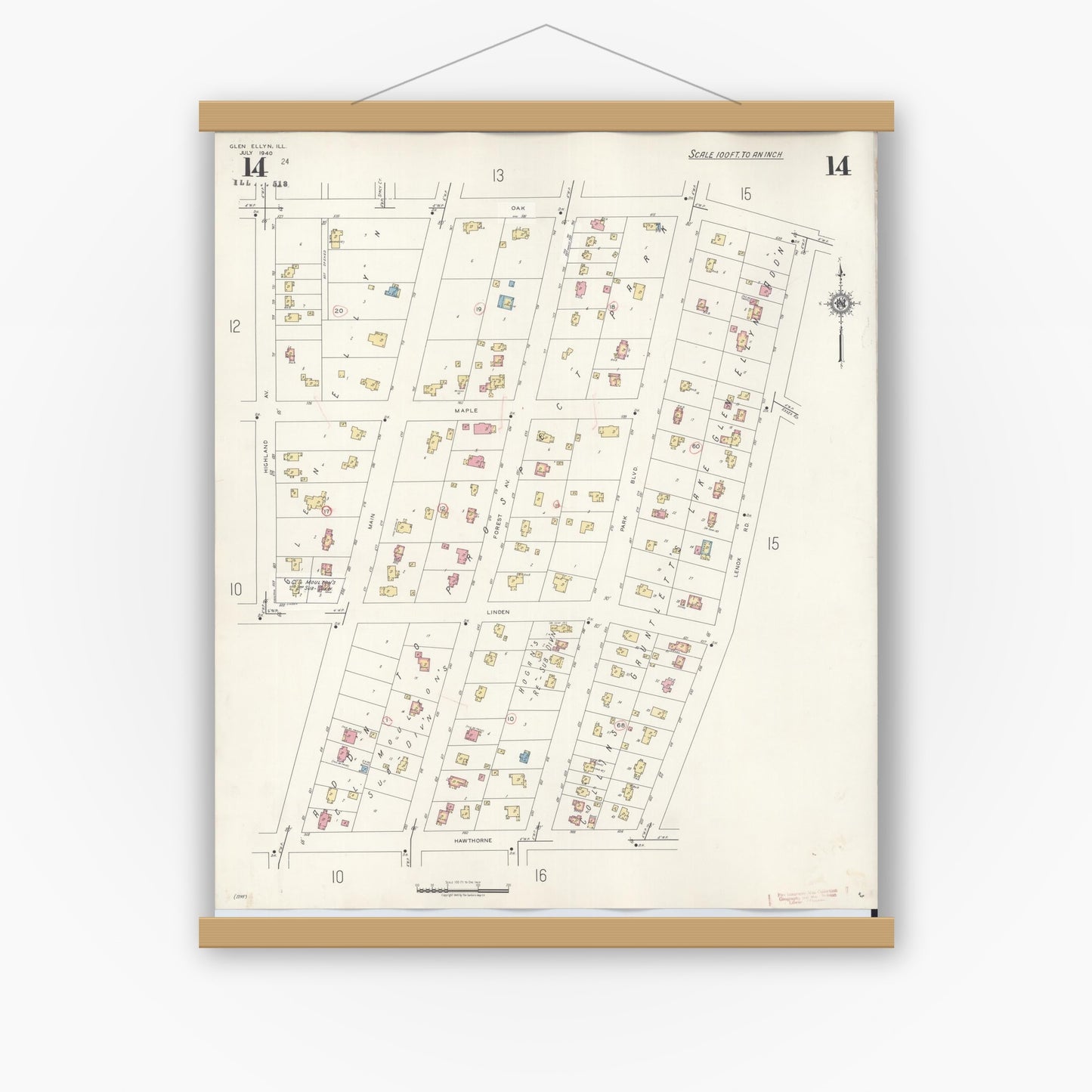 Old map wall art mockup — magnetic wood frame on white wall — Sanborn Fire Insurance Map from Glen Ellyn, Du Page County, Illinois (1946), Sheet #0014