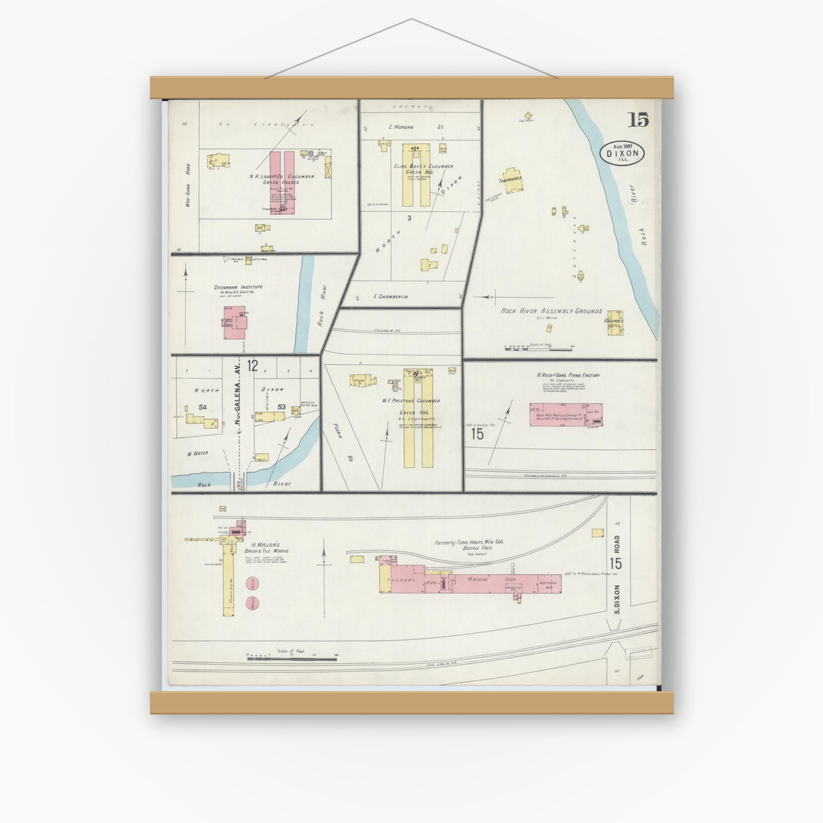Old map wall art mockup — magnetic wood frame on white wall — Sanborn Fire Insurance Map from Dixon, Lee County, Illinois (1897), Sheet #0015