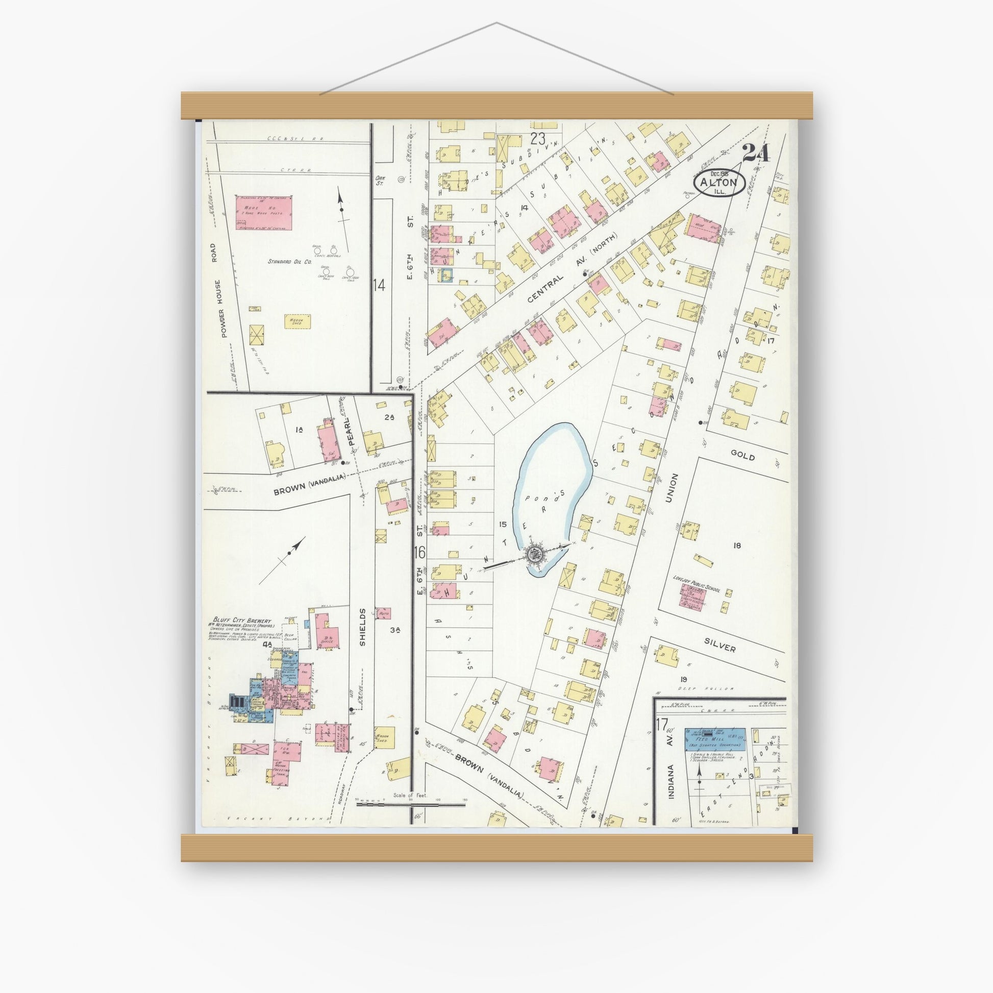 Old map wall art mockup — magnetic wood frame on white wall — Sanborn Fire Insurance Map from Alton, Madison County, Illinois (1915), Sheet #0024
