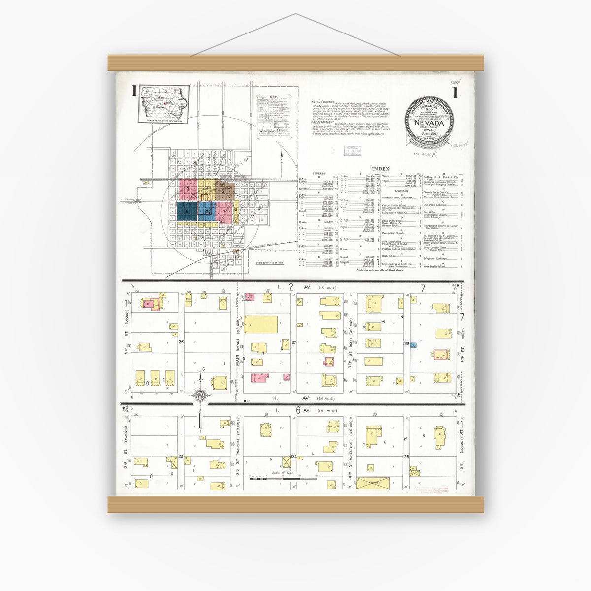 Old map wall art mockup — magnetic wood frame on white wall — Sanborn Fire Insurance Map from Nevada, Story County, Iowa (1926) â€” Complete Set