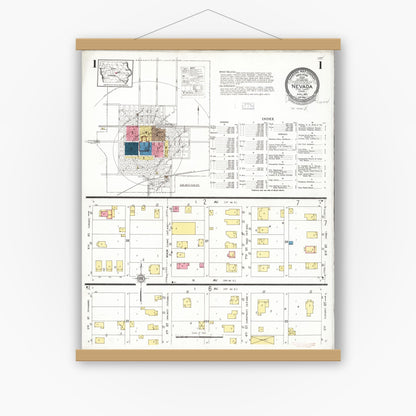 Old map wall art mockup — magnetic wood frame on white wall — Sanborn Fire Insurance Map from Nevada, Story County, Iowa (1926) â€” Complete Set