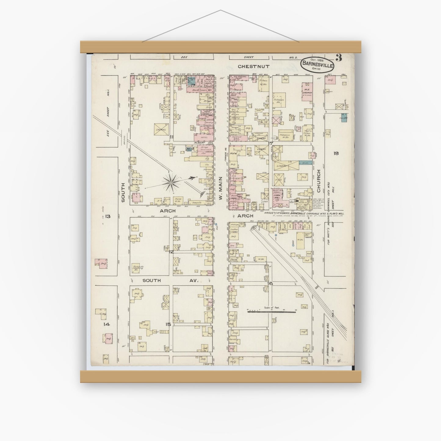 Old map wall art mockup — magnetic wood frame on white wall — Sanborn Fire Insurance Map from Barnesville, Belmont County, Ohio (1885), Sheet #0003