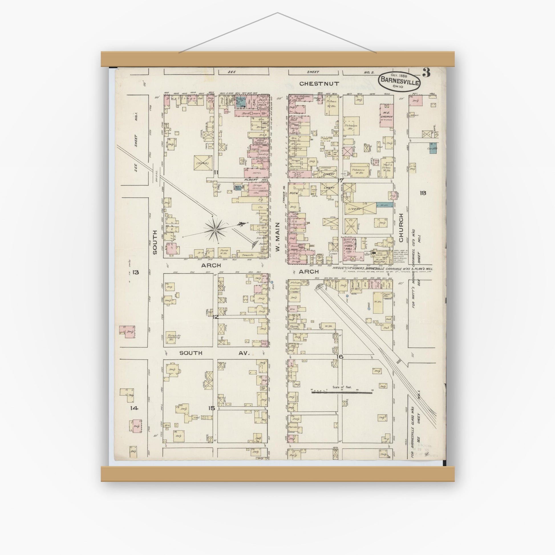 Old map wall art mockup — magnetic wood frame on white wall — Sanborn Fire Insurance Map from Barnesville, Belmont County, Ohio (1885), Sheet #0003