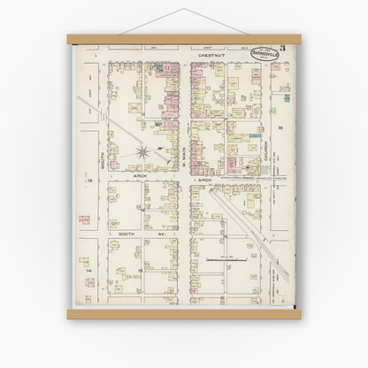 Old map wall art mockup — magnetic wood frame on white wall — Sanborn Fire Insurance Map from Barnesville, Belmont County, Ohio (1885), Sheet #0003