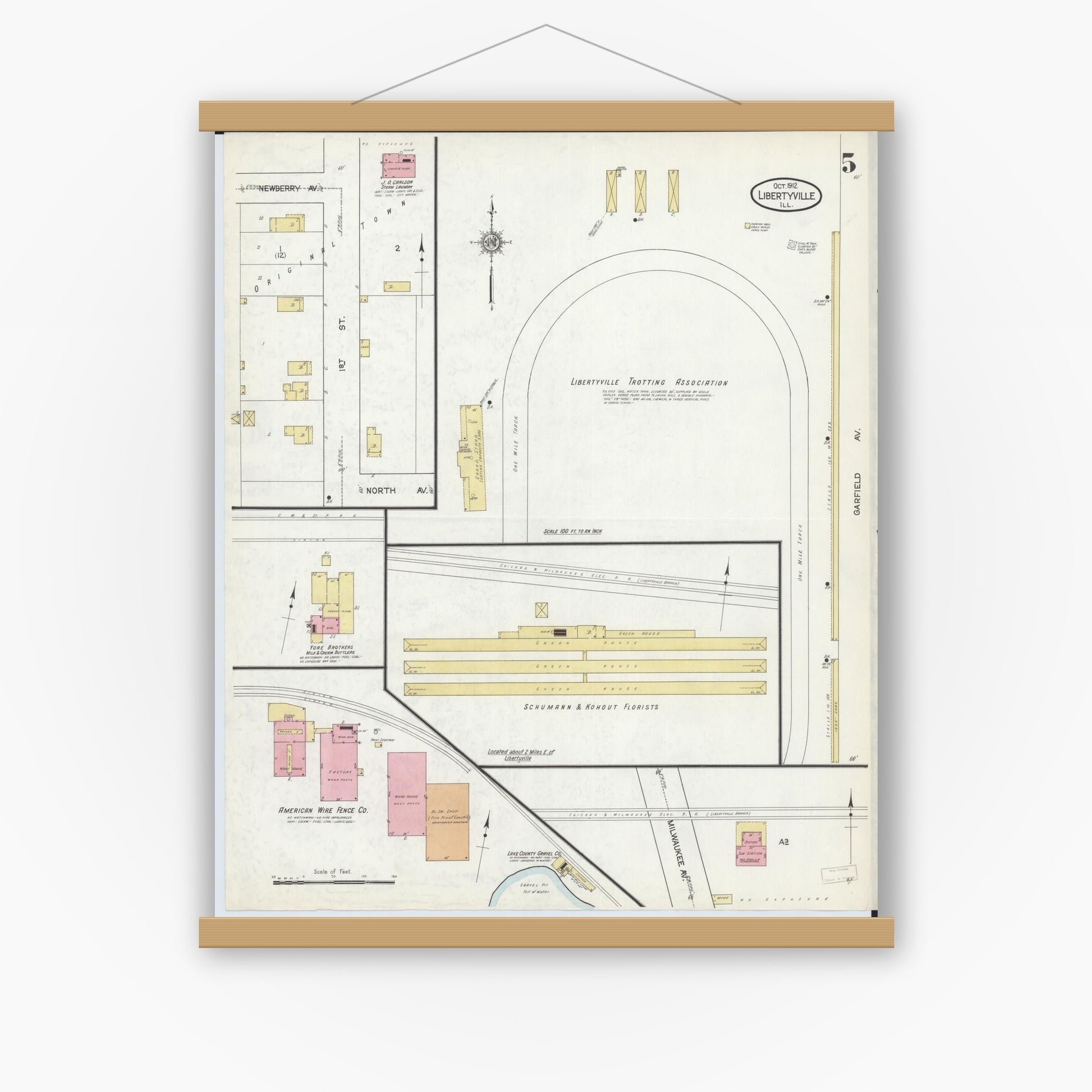 Old map wall art mockup — magnetic wood frame on white wall — Sanborn Fire Insurance Map from Libertyville, Lake County, Illinois (1912), Sheet #0005