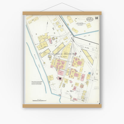 Old map wall art mockup — magnetic wood frame on white wall — Sanborn Fire Insurance Map from Millville, Cumberland County, New Jersey (1908), Sheet #0012