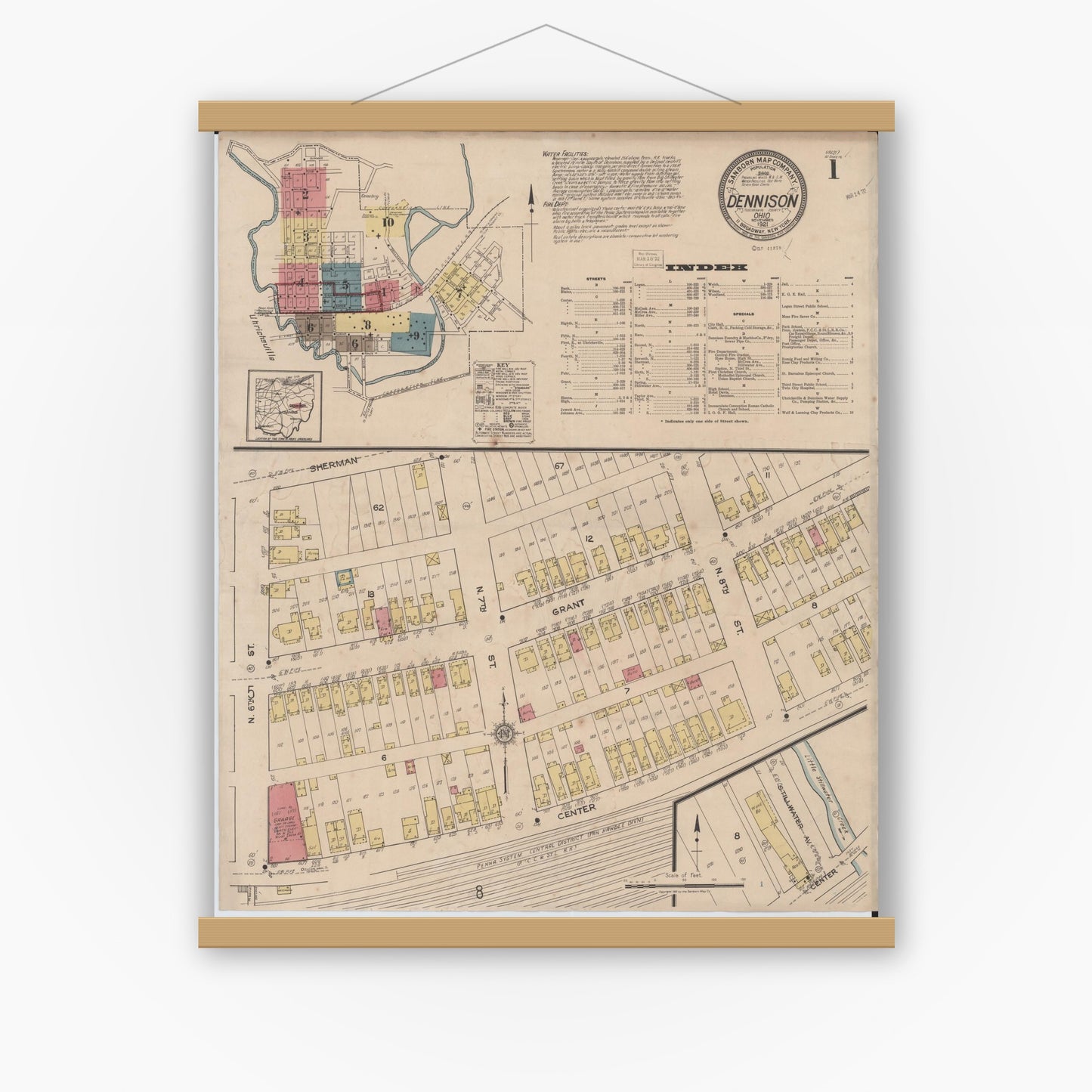 Old map wall art mockup — magnetic wood frame on white wall — Sanborn Fire Insurance Map from Dennison, Tuscarawas County, Ohio (1921) - Complete Map Set