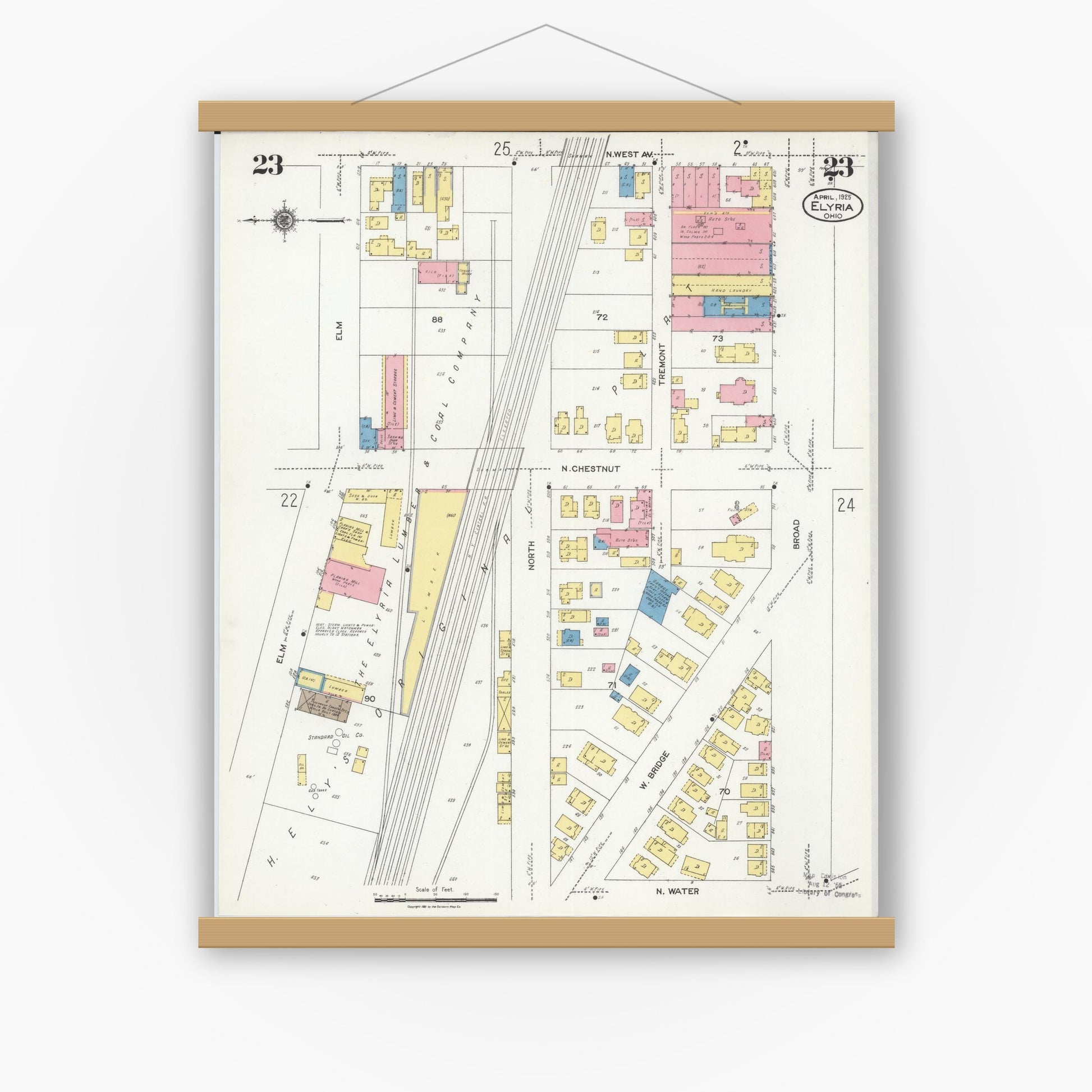 Old map wall art mockup — magnetic wood frame on white wall — Sanborn Fire Insurance Map from Elyria, Lorain County, Ohio (1925), Sheet #0023