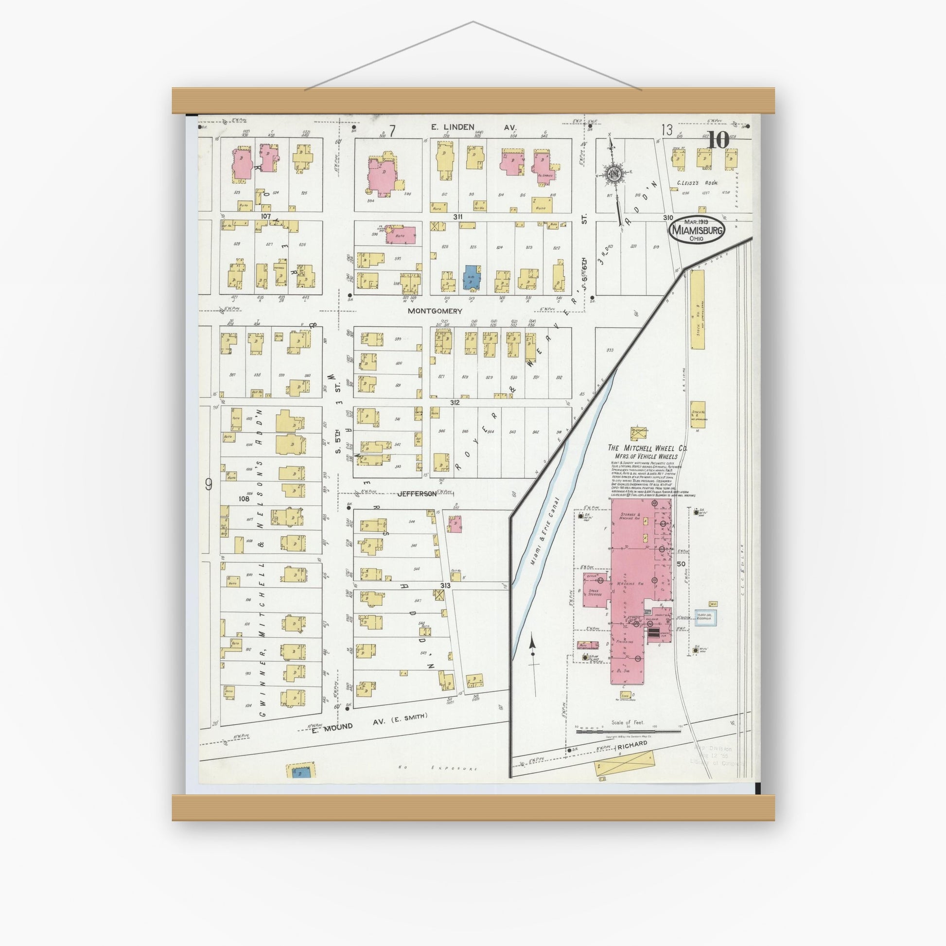 Old map wall art mockup — magnetic wood frame on white wall — Sanborn Fire Insurance Map from Miamisburg, Montgomery County, Ohio (1919), Sheet #0010